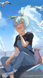 Rule 34 | 1girl, absurdres, animal ears, bird, black shirt, blurry, blurry foreground, blush, cat, cathy idx, chain-link fence, cloud, contrail, fence, fishing rod, grey hair, hair ornament, hairclip, hand up, highres, holding, holding fishing rod, horse ears, open mouth, outdoors, overalls, pants, pants rolled up, seagull, seiun sky (umamusume), shirt, shoes, short hair, short sleeves, sitting, sneakers, solo, umamusume, yawning