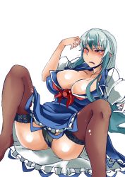 Rule 34 | 1girl, ;(, black panties, blue dress, blue hair, breasts, brown thighhighs, cleavage, collarbone, dress, fallen down, garter straps, heiseikorotaisei, kamishirasawa keine, large breasts, long hair, multicolored hair, no headwear, no headwear, panties, pantyshot, parted lips, puffy short sleeves, puffy sleeves, red eyes, short sleeves, sidelocks, silver hair, sitting, solo, thighhighs, touhou, two-tone hair, underwear, wince