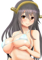 Rule 34 | 1girl, bare shoulders, bikini, black hair, blush, breast lift, breasts, collarbone, hair ornament, hairclip, haruna (kancolle), headgear, hifumi kei, highres, kantai collection, large breasts, long hair, looking at viewer, simple background, smile, solo, swimsuit, upper body, white background, white bikini