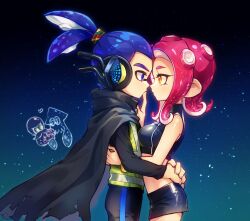 Rule 34 | 1boy, 1girl, absurdres, agent 3 (splatoon), agent 8 (splatoon), black cape, black headphones, black shirt, black shorts, black skirt, blue background, blue eyes, blue hair, breasts, cape, chibi, chibi inset, closed mouth, commentary request, couple, cowboy shot, crop top, eye contact, face-to-face, finger to mouth, gradient background, hair tie, hand on another&#039;s waist, headphones, heart, hetero, high-visibility vest, highres, inkling, inkling boy, inkling player character, light particles, long hair, looking at another, medium breasts, midriff, miniskirt, night, night sky, nintendo, octoling, octoling girl, octoling player character, orange eyes, ot rihto, ponytail, red hair, shirt, shorts, single bare shoulder, skirt, sky, splatoon (series), splatoon 2, splatoon 2: octo expansion, suction cups, tentacle hair, thick eyebrows, torn cape, torn clothes, zipper