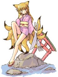 Rule 34 | animal ears, fork, fox ears, japanese clothes, lowres, multiple tails, oekaki, sandals, solo, tail, torii, water, zouri