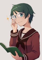 Rule 34 | 1girl, adjusting eyewear, bespectacled, black hair, book, brown neckerchief, brown sailor collar, brown serafuku, brown shirt, commentary request, glasses, green eyes, grey background, kantai collection, mogami (kancolle), nao (nao eg), neckerchief, sailor collar, school uniform, serafuku, shirt, short hair, solo, sparkle, swept bangs, translation request, upper body