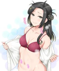Rule 34 | 1girl, ahoge, black hair, blush, bra, breasts, collarbone, commentary request, double bun, hair bun, hair ornament, hairclip, heart, highres, kantai collection, long hair, long sleeves, makinami (kancolle), multicolored hair, navel, open clothes, open mouth, open shirt, pink bra, shirt, simple background, solo, steam, steaming body, sweat, underwear, undressing, uron-rei, white shirt