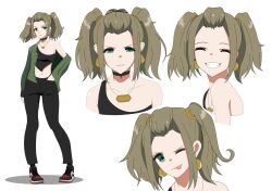 Rule 34 | 1girl, :p, ^ ^, absurdres, alternate costume, aqua eyes, black choker, black footwear, black pants, breasts, brown hair, choker, cleavage, closed eyes, closed mouth, collarbone, commentary request, crop top, earrings, eyelashes, full body, highres, jewelry, lakkuto, looking at viewer, medium hair, midriff, mixed-language commentary, multiple views, navel, necklace, nike, one eye closed, pants, pink lips, red footwear, shania (xenoblade), shoes, sidelocks, simple background, single bare shoulder, small breasts, smile, teeth, tongue, tongue out, twintails, two-tone footwear, v-shaped eyebrows, white background, xenoblade chronicles (series), xenoblade chronicles 3
