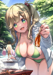 Rule 34 | 1boy, 2girls, :d, bikini, breasts, brown hair, chopsticks, commentary request, dappled sunlight, fangs, food, food focus, green bikini, hair bobbles, hair ornament, highres, inuyama aoi, jacket, kuromasu, large breasts, looking at viewer, meat, medium hair, multiple girls, open clothes, open jacket, open mouth, outdoors, side ponytail, skin fangs, smile, solo focus, summer, sunlight, swimsuit, white jacket, yurucamp