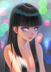 Rule 34 | 1girl, absurdres, black hair, blue eyes, blunt bangs, blurry, bokeh, breasts, cleavage, collarbone, convenient censoring, darkmuleth, depth of field, expressionless, eye focus, hair censor, hair over breasts, highres, hime cut, lips, long hair, nude, original, signature, solo, upper body
