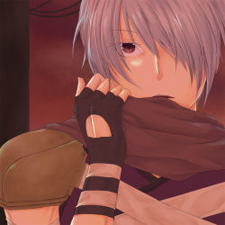 Rule 34 | 1boy, armor, assassin (ragnarok online), bandages, black gloves, brown hair, brown scarf, commentary request, cutout gloves, eyes visible through hair, fingerless gloves, gloves, grey hair, hair between eyes, hair over one eye, looking at viewer, male focus, mutu 62, open mouth, pauldrons, pulling own clothes, purple shirt, ragnarok online, scarf, scarf pull, shirt, short hair, shoulder armor, sleeveless, sleeveless shirt, solo, upper body