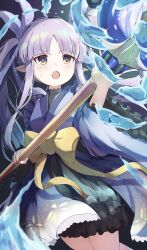 Rule 34 | 1girl, absurdres, black skirt, blue kimono, blue ribbon, elf, highres, holding, holding staff, japanese clothes, kimono, kyouka (princess connect!), long hair, long sleeves, open mouth, orb, pointy ears, princess connect!, purple hair, ribbon, skirt, solo, staff, sweat, twintails, very long hair, wide sleeves, wimawi