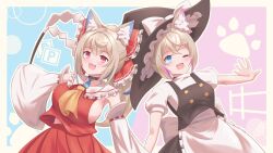 Rule 34 | 2girls, animal ear fluff, animal ears, blonde hair, blue eyes, blue hair, blush, breasts, cosplay, dog ears, dog girl, fangs, fuwawa abyssgard, hakurei reimu, hakurei reimu (cosplay), hat, highres, hololive, hololive english, japanese clothes, kbkzsp7, kirisame marisa, kirisame marisa (cosplay), large breasts, long hair, miko, mococo abyssgard, multicolored hair, multiple girls, one eye closed, pink eyes, pink hair, short hair, siblings, sideboob, sisters, skin fangs, small breasts, streaked hair, touhou, twins, virtual youtuber, witch, witch hat