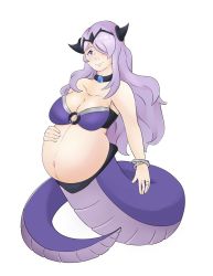 Rule 34 | 1girl, alternate costume, belly, big belly, blush, bra, breasts, camilla (fire emblem), cleavage, commission, fire emblem, fire emblem fates, full body, hand on own stomach, horns, huge breasts, lamia, large breasts, long hair, looking at viewer, monster, monster girl, navel, nintendo, pregnant, purple eyes, purple hair, simple background, smile, snake tail, solo, tail, underwear
