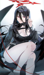 Rule 34 | 1girl, absurdres, barefoot, black dress, black hair, black wings, blue archive, breasts, cleavage, closed mouth, commentary request, dress, foot out of frame, hair between eyes, halo, hand up, hasumi (blue archive), highres, knee up, large breasts, legs, long hair, long sleeves, mole, mole on breast, red eyes, red halo, solo, ukulu, very long hair, wings