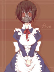 Rule 34 | .flow, 1girl, apron, braid, breasts, brown hair, copyright name, gas mask, long sleeves, maid, maid (.flow), maid apron, maid headdress, mask, neck ribbon, puffy sleeves, ribbon, solo, v arms