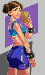 Rule 34 | 1990s (style), 1girl, absurdres, alternate hairstyle, ass, bike shorts, breasts, brown eyes, brown hair, capcom, cellphone, chun-li, cowboy shot, double bun, eyebrows, from behind, godstime ojinmah, hair bun, highres, iphone, lips, midriff, nose, parted bangs, phone, retro artstyle, selfie, simple background, small breasts, smartphone, solo, sports bra, street fighter, street fighter zero (series), studded bracelet