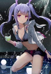 Rule 34 | 1girl, alternate costume, arknights, bare legs, barefoot, bikini, black bikini, black shorts, blue nails, breasts, cityscape, cleavage, closed mouth, collarbone, cup, drink, drinking glass, drinking straw, frilled bikini, frills, gun, hair ornament, hairclip, head wings, highres, holding, holding gun, holding weapon, jacket, leaning forward, leg up, long sleeves, looking at viewer, manticore (arknights), medium breasts, nail polish, navel, night, night sky, open clothes, open jacket, outdoors, pointy ears, purple eyes, purple hair, s2rid, short shorts, shorts, sidelocks, sky, solo, splashing, standing, standing on one leg, swimsuit, tail, thighs, twintails, unzipped, water, weapon, white jacket, wings