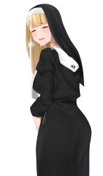 Rule 34 | 1girl, black dress, blunt bangs, bone, closed eyes, commentary request, cum, cum in mouth, dress, facial, facing viewer, female focus, from behind, habit, heavy breathing, highres, long hair, long sleeves, looking back, nun, open mouth, original, senju (snz0), simple background, smile, solo, standing, straight hair, stray pubic hair, traditional nun, white background