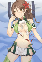 Rule 34 | 10s, 1girl, amagi (kancolle), bare shoulders, bed, bed sheet, breasts, brown eyes, brown hair, crop top, esuto, female focus, flower, green thighhighs, groin, hair between eyes, hair flower, hair ornament, highres, kantai collection, large breasts, long hair, looking at viewer, midriff, mole, mole under eye, navel, open clothes, parted lips, ponytail, short sleeves, solo, thighhighs, zettai ryouiki