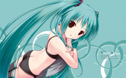 Rule 34 | 1girl, :o, amino, amino kohaku, aqua background, aqua eyes, aqua hair, arm grab, ass, back, black bra, black panties, black thighhighs, bra, butt crack, character name, copyright name, crossed arms, dutch angle, english text, engrish text, flat chest, frills, green hair, hair ornament, halftone, halftone background, hatsune miku, highres, lace, lace-trimmed panties, lace trim, lingerie, long hair, looking at viewer, looking back, open mouth, panties, profile, ranguage, shirt, solo, standing, surprised, thighhighs, twintails, underwear, underwear only, undressing, very long hair, vocaloid, wallpaper