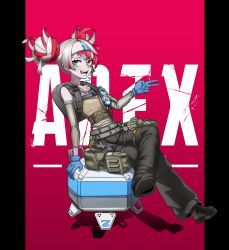 Rule 34 | 1girl, absurdres, apex legends, artpatient, backpack, bag, beige tank top, belt, black pants, blue gloves, colored skin, cosplay, crossed legs, d.o.c. health drone, detached sleeves, gloves, green belt, green eyes, grey hair, grey skin, headband, heterochromia, highres, hololive, hololive indonesia, kureiji ollie, lifeline (apex legends), lifeline (apex legends) (cosplay), logo, looking to the side, multicolored hair, open mouth, pants, red hair, sitting, smile, solo, stitched face, stitches, two-tone hair, v, virtual youtuber, white headband, yellow eyes, zombie