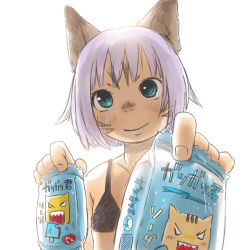 Rule 34 | &gt;:d, 00s, 1girl, :d, animal ears, bad id, bad pixiv id, bikini, bikini top only, blue eyes, comic, final fantasy, final fantasy xi, ice block, mithra (ff11), nucomas, open mouth, purple hair, sharp teeth, simple background, smile, solo, swimsuit, tail, teeth, tiger, v-shaped eyebrows, white background