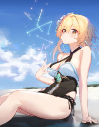 Rule 34 | 1girl, absurdres, arm support, bare legs, beach, blonde hair, blue sky, blush, breasts, brown eyes, casual one-piece swimsuit, cleavage, cleavage cutout, closed mouth, clothing cutout, cloud, commentary request, constellation, day, detached sleeves, feet out of frame, flower, genshin impact, glowing, hair between eyes, hair flower, hair ornament, highres, long hair, looking at viewer, lumine (genshin impact), medium breasts, on ground, one-piece swimsuit, outdoors, sitting, sky, solo, swimsuit, tai (e3d1p), thighs, white flower