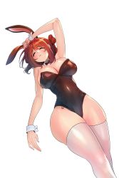 Rule 34 | 1girl, absurdres, alternate costume, animal ears, bare shoulders, breasts, brown hair, cleavage, closed eyes, detached collar, expressionless, fake animal ears, guardian tales, highres, innkeeper loraine, large breasts, leotard, mopqrkdnl1, playboy bunny, rabbit ears, signature, simple background, solo, thighhighs, thighs, white background, white thighhighs, wrist cuffs