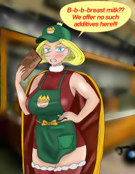 Rule 34 | 1girl, apron, blonde hair, blue eyes, blush, bodysuit, breasts, cape, crown, eddarxart, english text, green apron, hand on hips, hand on own hip, hat, highres, hilling (ousama ranking), iced latte with breast milk (meme), large breasts, long nose, mature female, meme, menu board, ousama ranking, pointy nose, queen, red bodysuit, self-upload, skin tight, speech bubble, starbucks