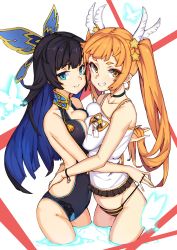 Rule 34 | 2girls, absurdres, asymmetrical docking, backless outfit, bad id, bad pixiv id, bikini, bikini bottom only, bikini top lift, black hair, blue eyes, blue hair, bracelet, breast press, breasts, bug, butterfly, camisole, center opening, choker, cleavage, clothes lift, covered navel, detached collar, frills, grin, hair lift, hair ornament, heart, heart choker, highres, hug, insect, jewelry, large breasts, long hair, looking at viewer, medium breasts, multicolored hair, multiple girls, nie xiaoqian, one-piece swimsuit, orange hair, parted lips, ponytail, sangai senki, smile, star (symbol), star hair ornament, sun wukong (sangai senki), swimsuit, twintails, two-tone hair, very long hair, wading, wulazula, yellow eyes