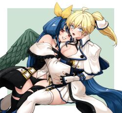 Rule 34 | 2girls, arc system works, bare shoulders, belt, black gloves, black thighhighs, blonde hair, blue eyes, blue hair, breasts, cleavage, cleavage cutout, clothing cutout, dizzy (guilty gear), dress, ebi pri shrimp, fingerless gloves, garter straps, genderswap, genderswap (mtf), gloves, guilty gear, hair ribbon, hug, hugging each other, ky kiske, kyko, large breasts, multiple girls, panties, ponytail, red eyes, ribbon, skirt, smile, thighhighs, underwear, white thighhighs, wife and wife, wings, yuri