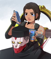 Rule 34 | 1boy, 1girl, apex legends, black hair, black sclera, bottle, brown eyes, cable, choso giving toudou a haircut (meme), collarbone, colored sclera, commentary, conduit (apex legends), elbow gloves, english commentary, fade (haircut), fingerless gloves, flattop, freckles, gloves, grey gloves, hair behind ear, highres, holding, holding bottle, humanoid robot, meme, miyan (oceanmaiden), revenant (apex legends), robot, short hair, simulacrum (titanfall), tongue, tongue out, yellow eyes