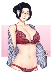 Rule 34 | absurdres, black hair, breasts, earrings, floral print, glasses, hair bun, highres, jewelry, lace, lace-trimmed legwear, lace-trimmed panties, lace trim, lingerie, lips, mature female, medium breasts, nattapuumuu, navel, open clothes, open shirt, original, panties, shirt, simple background, single hair bun, smile, solo, underwear, upper body, white background