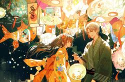 Rule 34 | 1boy, 1girl, brown hair, character request, floating hair, flower, glowing, grey hair, hair flower, hair ornament, hand up, hanging lantern, highres, holding, holding lantern, japanese clothes, kimono, lantern, light and night love, light brown hair, long hair, long sleeves, looking at another, looking away, looking down, night, obi, profile, red flower, sash, short hair, smile, string of light bulbs, tassel, themed object, too many, upper body, very long hair, wanyou, yukata
