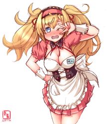 Rule 34 | 1girl, apron, aqua eyes, artist logo, asahina mikuru, asahina mikuru (cosplay), big hair, black frills, blush, breasts, cleavage, cleavage cutout, clothing cutout, commentary request, corset, cosplay, cowboy shot, cross-laced clothes, dated, detached collar, embarrassed, frilled apron, frilled hairband, frills, gambier bay (kancolle), hairband, hand on own hip, highres, kanon (kurogane knights), kantai collection, large breasts, long hair, looking at viewer, md5 mismatch, nose blush, one eye closed, open mouth, orange hair, pink hairband, simple background, solo, suzumiya haruhi no yuuutsu, tears, trait connection, translated, twintails, underbust, w, w over eye, waitress, white apron, white background, wrist cuffs