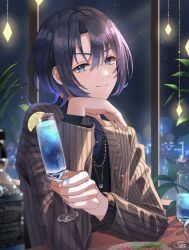 1girl blue_eyes blue_hair drink food formal_clothes glass grey_jacket hiodoshi_ao hiodoshi_ao_(1st_costume) holding holding_drink hololive hololive_dev_is jacket lo_lang long_sleeves pinstripe_jacket pinstripe_pattern solo striped_clothes striped_jacket striped_suit suit vertical-striped_clothes vertical-striped_jacket virtual_youtuber