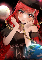Rule 34 | 1girl, :d, absurdres, bare shoulders, blunt bangs, blush, breasts, chain, cleavage, clothes writing, collar, dark background, earth (ornament), hands up, hara22hara, head tilt, hecatia lapislazuli, highres, large breasts, long hair, looking at viewer, moon (ornament), off-shoulder shirt, off shoulder, open mouth, red eyes, red hair, shirt, simple background, skirt, smile, solo, touhou