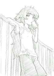 Rule 34 | ahoge, armpits, balcony, breasts, can, drinking, from below, highres, hiyajou maho, against railing, long hair, looking at viewer, menomorute, messy hair, monochrome, shorts, sketch, small breasts, star (symbol), steins;gate, steins;gate 0, tagme, tank top, very long hair