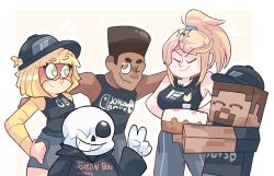 Rule 34 | 2girls, 3boys, arms (game), artist request, beanie, blonde hair, bone, brown hair, chinese clothes, closed eyes, dark skin, domino mask, etika, food, glowing, glowing eye, green eyes, grin, hat, highres, hood, hoodie, jacket, knit hat, looking at viewer, male focus, mask, min min (arms), minecraft, multiple boys, multiple girls, mythra (xenoblade), nintendo, noodles, open mouth, ponytail, real life, sans (undertale), shirt, short hair, skeleton, slippers, smile, steve (minecraft), super smash bros., teeth, undertale, xenoblade chronicles (series), xenoblade chronicles 2