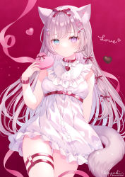 Rule 34 | 1girl, animal ear fluff, animal ears, blue eyes, bow, box, breasts, cat ears, cat girl, cat tail, closed mouth, commentary, dress, frilled dress, frills, gift, gift box, hair bow, hair ornament, hairclip, hand up, heart, heart-shaped box, heart hair ornament, heterochromia, highres, holding, holding gift, long hair, original, purple eyes, purple hair, red background, red bow, signature, simple background, sleeveless, sleeveless dress, small breasts, solo, symbol-only commentary, tail, thigh strap, twitter username, valentine, very long hair, wasabi (sekai), white dress, x hair ornament