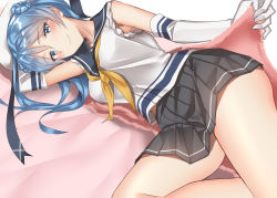 Rule 34 | 1girl, arm behind head, bad id, bad pixiv id, blue eyes, blue hair, blush, breasts, closed mouth, double bun, elbow gloves, gloves, grey skirt, hair bun, hat, kantai collection, large breasts, long hair, looking at viewer, neckerchief, pallad, pleated skirt, sailor hat, school uniform, serafuku, sidelocks, skirt, sleeves rolled up, smile, solo, thighs, under covers, urakaze (kancolle), white gloves, white hat, white legwear, yellow neckerchief