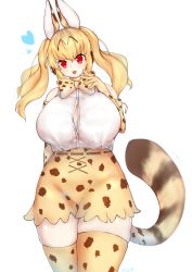 Rule 34 | 10s, 1girl, :p, absurdres, animal ears, bad id, bad pixiv id, blonde hair, blush, bow, bowtie, breasts, cosplay, elbow gloves, gloves, head tilt, headphones, highres, huge breasts, kemono friends, kkusa, looking at viewer, nitroplus, plump, red eyes, serval (kemono friends), serval (kemono friends) (cosplay), serval print, serval tail, skirt, sleeveless, solo, super pochaco, tail, thighs, tongue, tongue out, twintails
