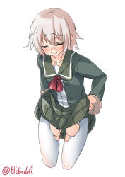 Rule 34 | 10s, 1girl, black skirt, blush, closed eyes, closed mouth, cowboy shot, cropped legs, ebifurya, gluteal fold, hair between eyes, hand in skirt, hand under clothes, highres, kantai collection, long sleeves, pantyhose, pleated skirt, school uniform, serafuku, shimushu (kancolle), short hair, simple background, skirt, solo, suggestive fluid, sweat, torn clothes, torn pantyhose, twitter username, white background, white pantyhose