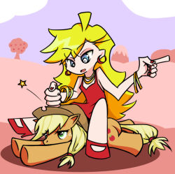 Rule 34 | 2girls, applejack, blonde hair, blue eyes, bow, cowboy hat, crossed legs, crossover, dress, earrings, freckles, green eyes, hat, heavy, jewelry, long hair, lying, multiple girls, my little pony, my little pony: friendship is magic, on stomach, open mouth, osakaqcvow, panty &amp; stocking with garterbelt, panty (psg), parody, pointing, pony (animal), red dress, ring, shadow, simple background, sitting, thighhighs, tree