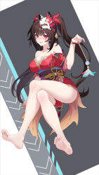Rule 34 | 1girl, :d, bare legs, bare shoulders, barefoot, black hair, black sash, blunt bangs, blush, breasts, cleavage, commentary request, crossed legs, detached sleeves, dress, facial mark, fox mask, gangjin, highres, honkai: star rail, honkai (series), large breasts, long hair, looking at viewer, mask, mask on head, obi, open mouth, pink eyes, red dress, sash, short sleeves, smile, solo, sparkle (honkai: star rail), thighs, twintails, very long hair