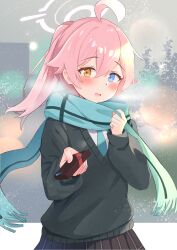 Rule 34 | 1girl, absurdres, ahoge, alternate costume, aqua scarf, blue archive, blue eyes, blush, chocolate, commentary request, cowboy shot, green sweater, hand up, heterochromia, highres, hoshino (blue archive), kuroliu 9021, long sleeves, looking at viewer, pink hair, plaid, plaid skirt, pleated skirt, ponytail, scarf, skirt, solo, sweater, upper body, yellow eyes
