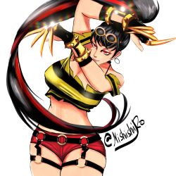 Rule 34 | 1girl, belt, black hair, choi bounge, claws, genderswap, highres, long hair, mishishiro, prison clothes, red eyes, signature, the king of fighters, the king of fighters all-stars