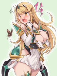Rule 34 | 1girl, bare legs, bare shoulders, blonde hair, breasts, chest jewel, cleavage, cleavage cutout, clothing cutout, dress, earrings, elbow gloves, gloves, highres, jewelry, kurokaze no sora, large breasts, long hair, mythra (xenoblade), short dress, solo, swept bangs, thigh strap, tiara, very long hair, white dress, white gloves, xenoblade chronicles (series), xenoblade chronicles 2, yellow eyes