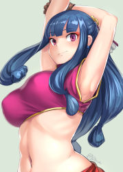 Rule 34 | appare-ranman!, armpits, arms up, blue hair, bosshi, breasts, brown gloves, chinese clothes, gloves, highres, jing xia lian, large breasts, long hair, looking at viewer, navel, purple eyes, smile, stomach