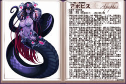 Rule 34 | 1girl, apophis (monster girl encyclopedia), bare shoulders, black sclera, bracelet, breasts, character profile, choker, cleavage, cobra (animal), colored sclera, colored skin, covering crotch, covering privates, crown, earrings, fingernails, floating, floating object, harem outfit, jewelry, kenkou cross, lamia, large breasts, levitation, lip piercing, long fingernails, long hair, looking at viewer, lots of jewelry, monster girl, monster girl encyclopedia, monster girl encyclopedia ii, multicolored hair, nail polish, navel, navel piercing, necklace, nipple tassels, official art, pasties, piercing, pointy ears, purple hair, purple skin, red hair, red nails, sagging breasts, silver, slit pupils, smile, solo, text focus, tiara, two-tone hair, very long hair, yellow eyes