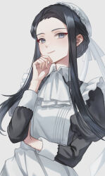 Rule 34 | 1girl, alternate costume, alternate hairstyle, apron, ascot, black hair, black shirt, blue eyes, braid, braided bun, closed mouth, collared shirt, enmaided, fingernails, forehead, frilled apron, frills, grey background, hair bun, hand on own arm, hand on own chin, hand up, hat, hat ribbon, highres, juliet sleeves, long hair, long sleeves, looking at viewer, maid, mob cap, parted bangs, puffy sleeves, ribbon, shirt, shoujo kageki revue starlight, sidelocks, simple background, single hair bun, smile, solo, standing, tareko, white apron, white ascot, white hat, white ribbon, yakumo kyouko