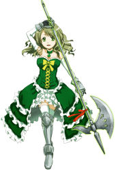 Rule 34 | 10s, 1girl, alternate universe, armor, armored dress, axe, bare shoulders, battle axe, bow, breasts, elbow gloves, gauntlets, gloves, green eyes, green hair, halberd, ichii nino, long hair, magical girl, mahou shoujo madoka magica, mahou shoujo madoka magica (anime), matching hair/eyes, polearm, ribbon, shizuki hitomi, solo, thighhighs, wavy hair, weapon, white thighhighs