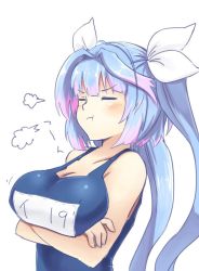 Rule 34 | 1girl, antenna hair, bare shoulders, blue hair, blue one-piece swimsuit, blunt bangs, blush, breasts, character name, cleavage, closed eyes, crossed arms, from side, gradient hair, hair intakes, hair ribbon, haniyama kurofo, i-19 (kancolle), kantai collection, long hair, multicolored hair, name tag, one-piece swimsuit, parted bangs, pout, purple hair, ribbon, school swimsuit, simple background, solo, swimsuit, tri tails, v-shaped eyebrows, very long hair, white background, white ribbon